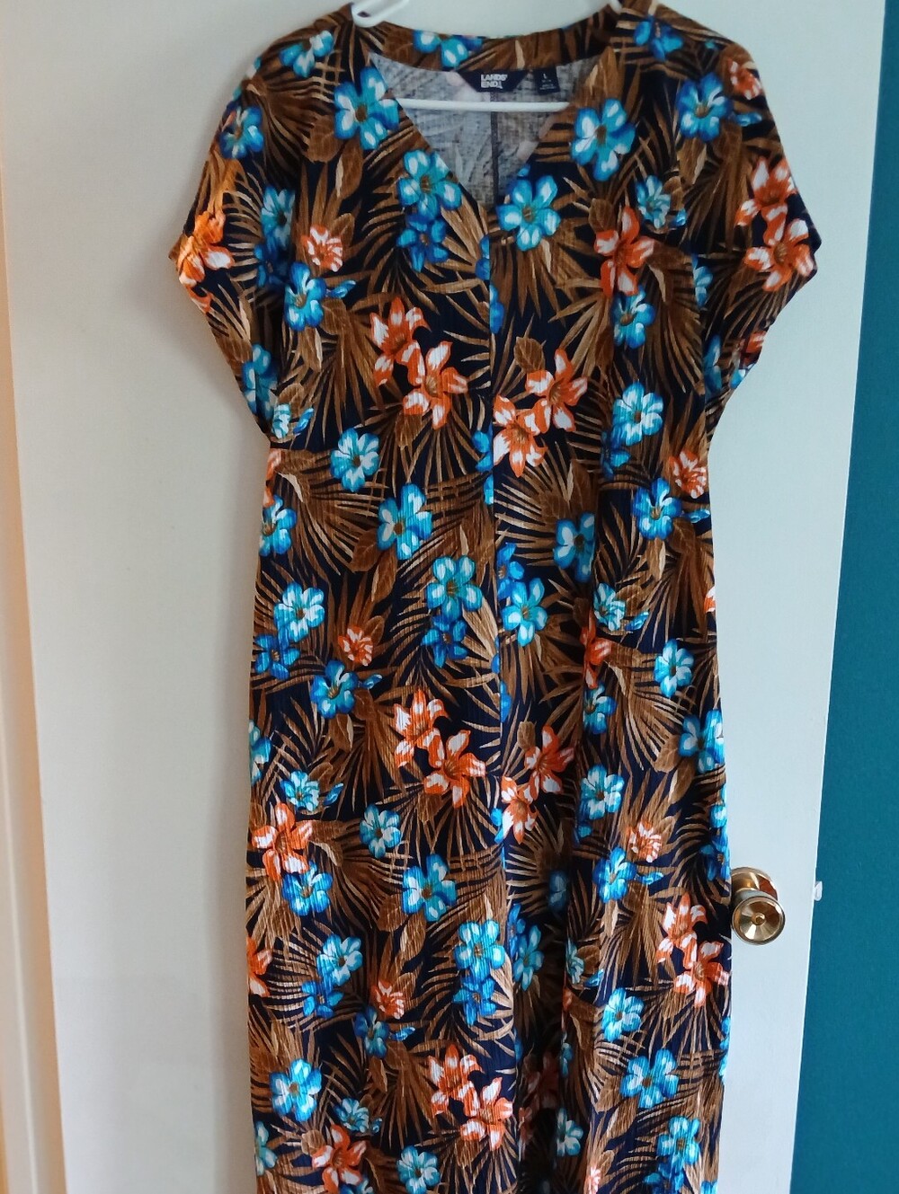 Lands' End Navy Maxi Dress with Blue and Orange Floral Print